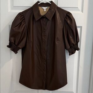 Crown & Ivy Dark Brown Faux Leather Puff Sleeve Blouse